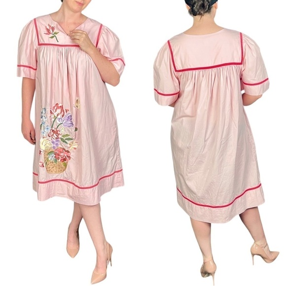 GO SOFTLY PATIO COTTON FLORAL EMBROIDERED SQUARE YOKE NOTCH NECK TRAPEZE DRESS - Picture 2 of 11